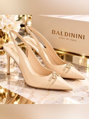 NEW  Baldinini Crystal Embellished Leather Slingback Pumps Beige Size 8